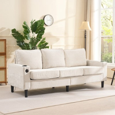 L-Shaped Couch Sofa, Corner Sofa 3 Seater Sofa, Sectional Sofa Couches With USB, Cup Holder, For Apartment Living Room Beige