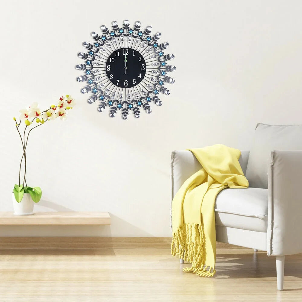 Large Modern 3D Crystal Wall Clock Luxury Art Metal Round Home Decor