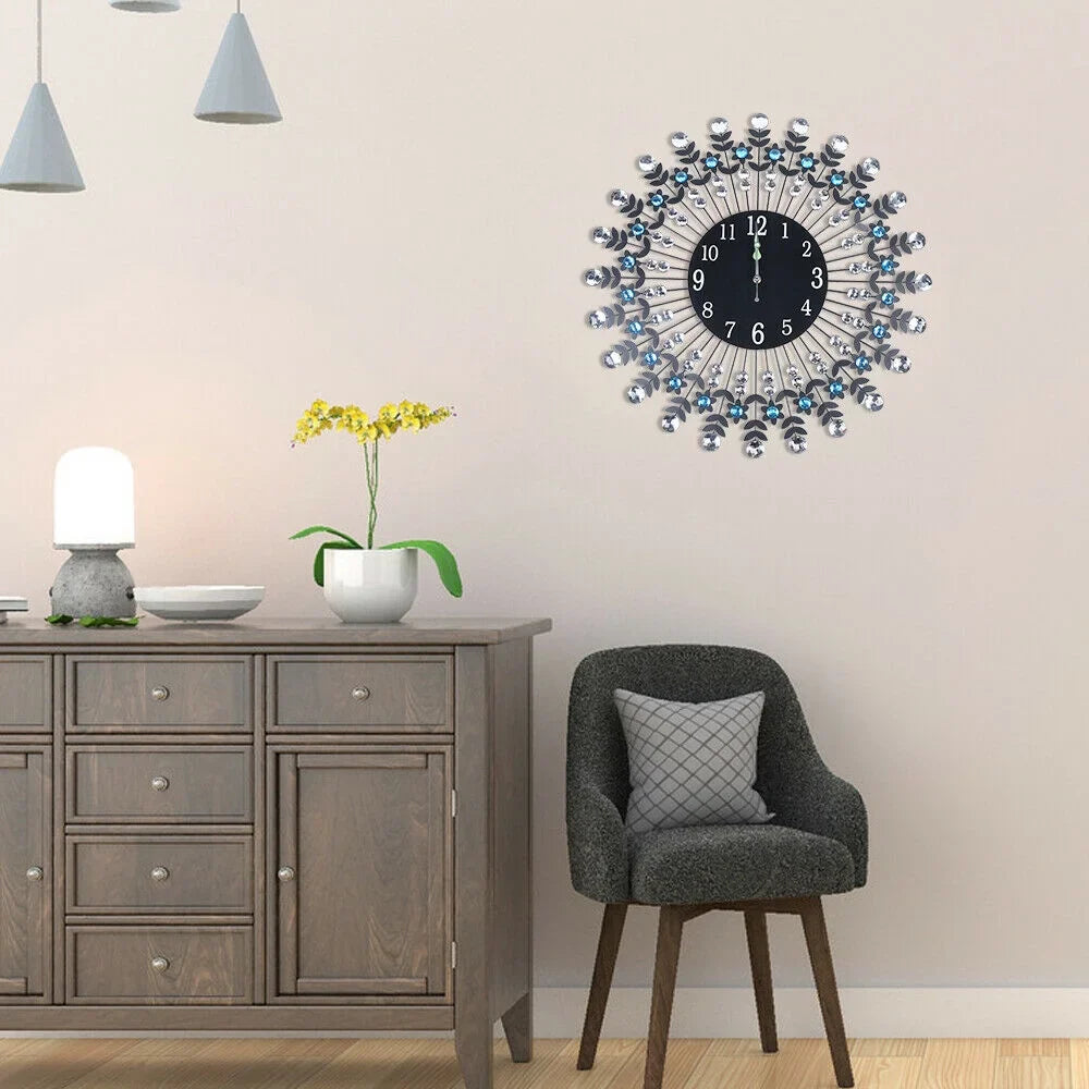 Large Modern 3D Crystal Wall Clock Luxury Art Metal Round Home Decor